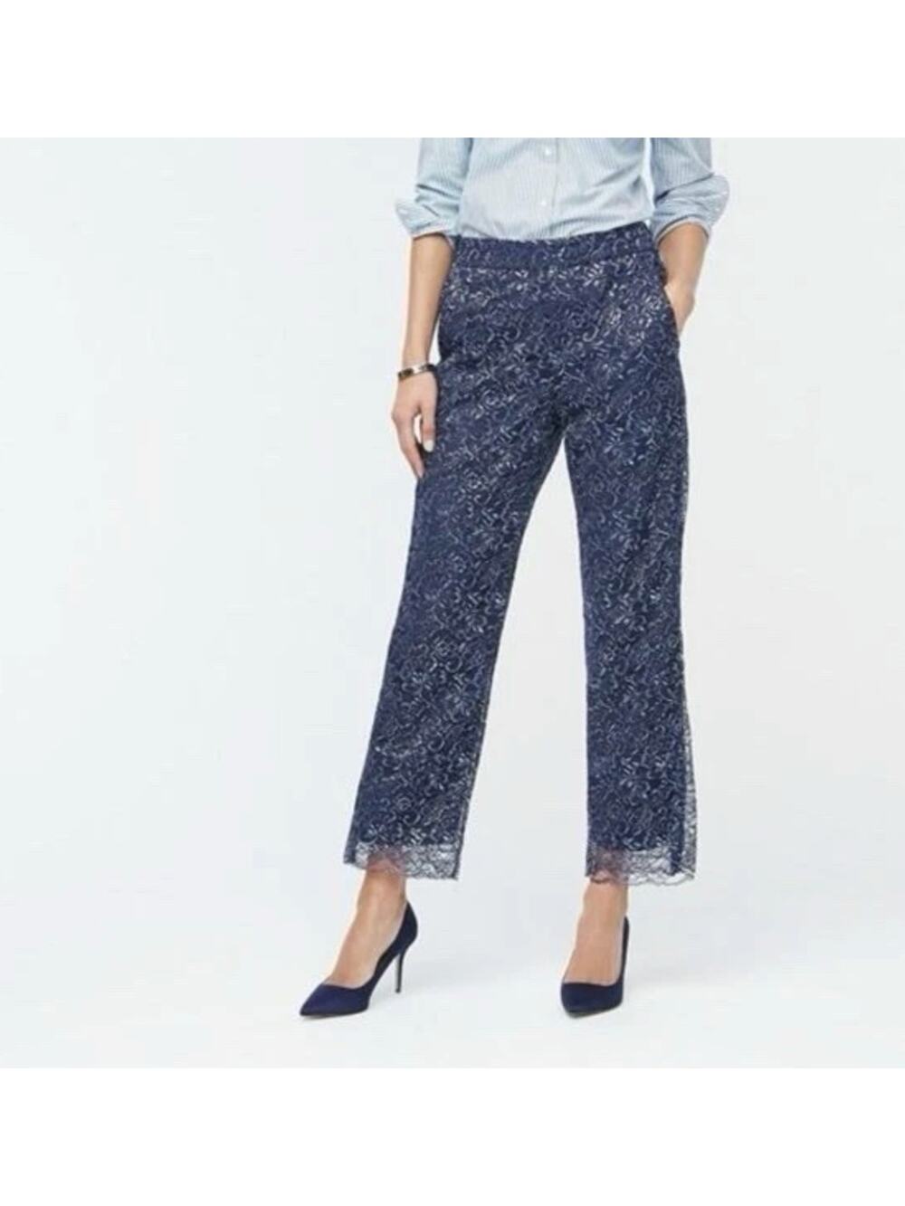 J Crew Peyton Wide Leg Pant NWT Sz 2 Blue Floral Metallic Lace High Rise Pull On